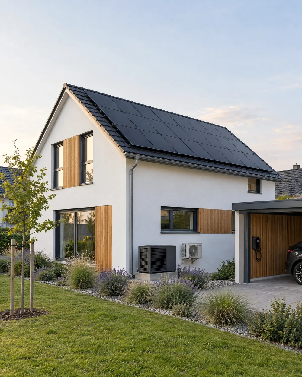 Einfamilienhaus mit Satteldach, schwarzen PV-Modulen, Wärmepumpe und Split-Klimagerät