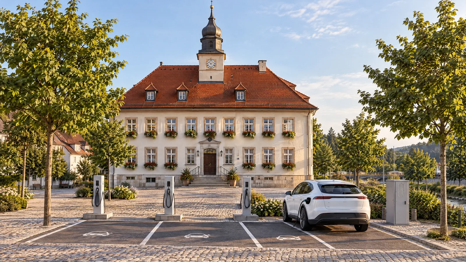 Ladesäulen auf dem Platz vor einem Rathaus, ein Elektroauto lädt