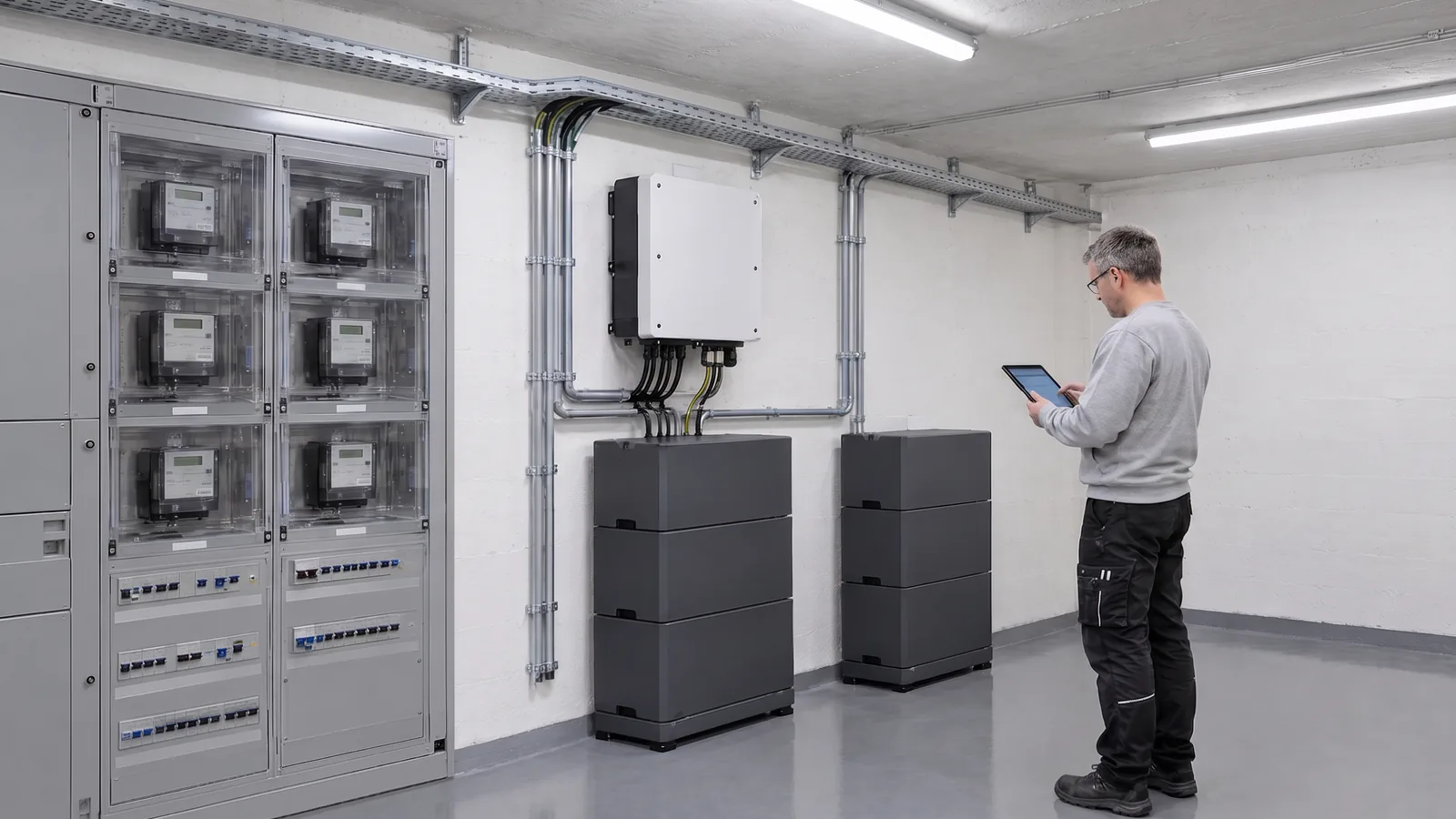 LEGER-Monteur prüft Wechselrichter und Batteriespeicher im Elektroraum eines Mehrfamilienhauses