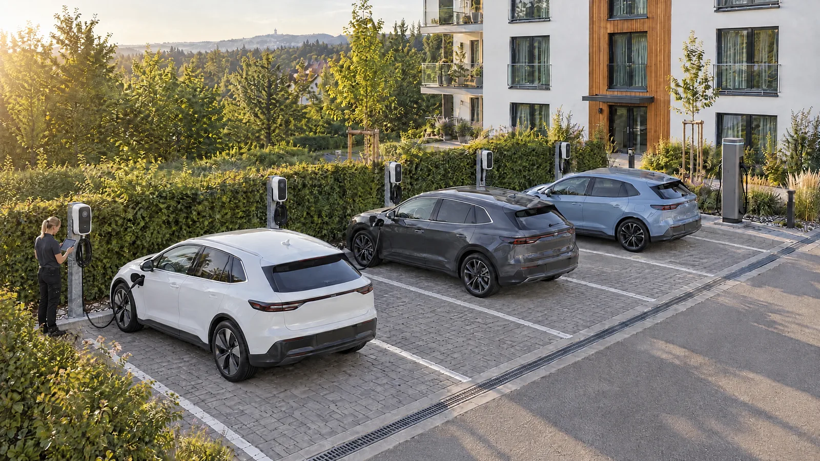 LEGER-Mitarbeiterin schließt ein Elektroauto an die Ladestation auf dem Mieterparkplatz an