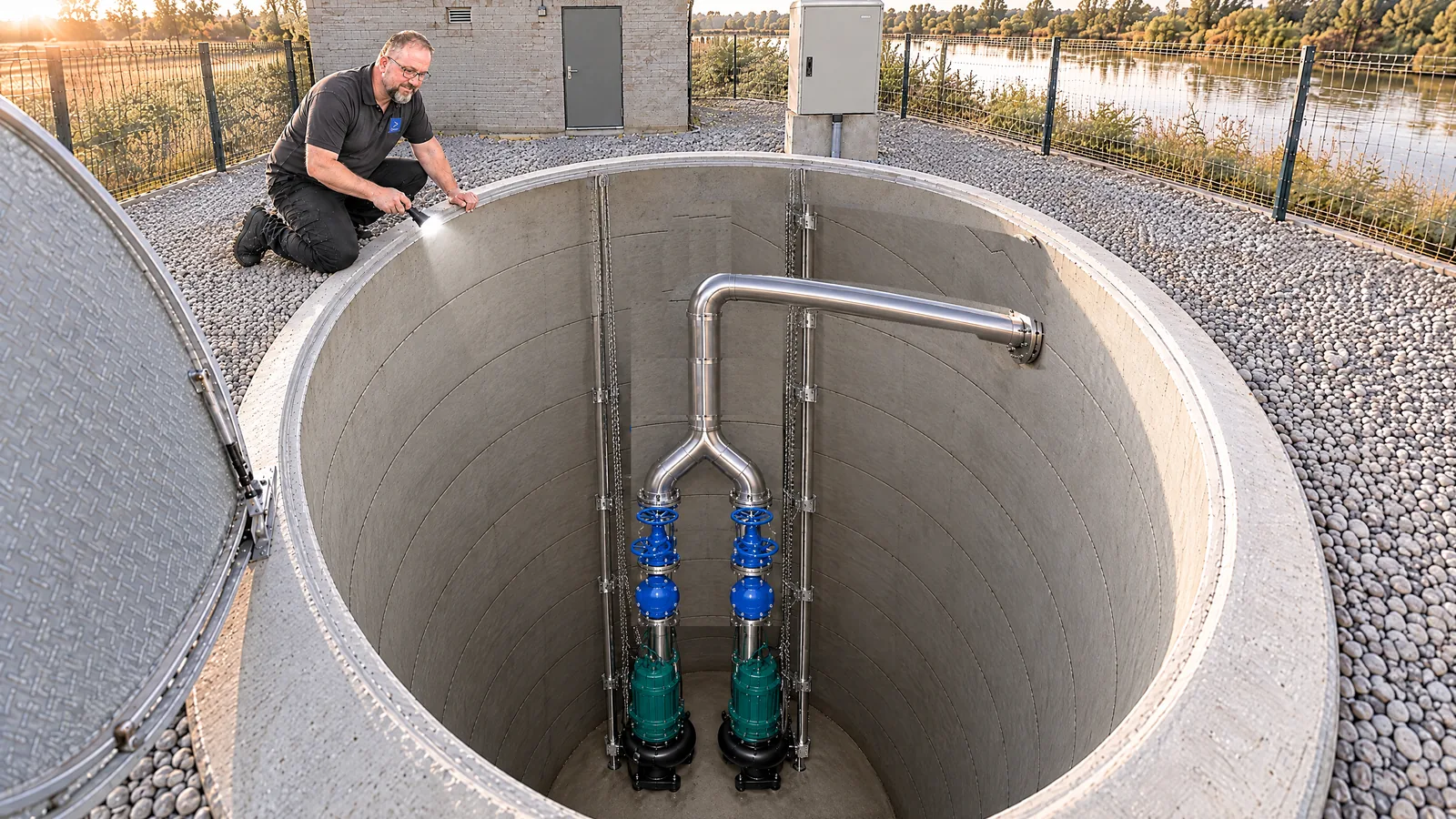 Geöffneter Schacht eines Abwasserpumpwerks am Fluss: zwei Tauchmotorpumpen an Führungsschienen, je Pumpe Rückschlagklappe und Absperrschieber, Hosenrohr und Druckleitung durch die Schachtwand; ein LEGER-Monteur leuchtet hinein
