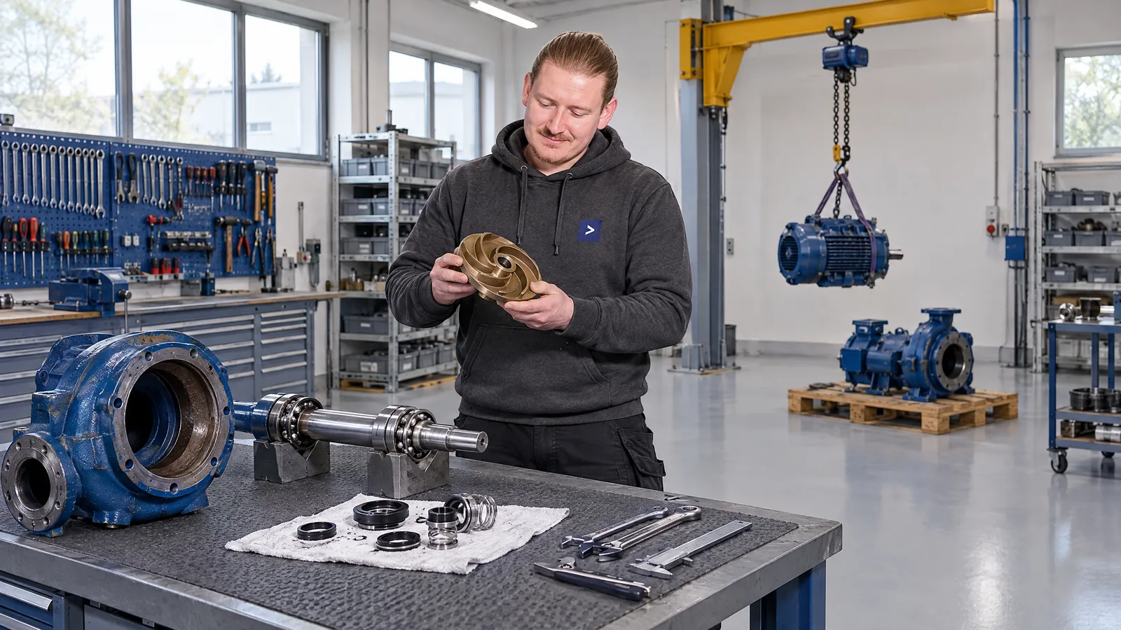 Pumpenwerkstatt: Ein LEGER-Mitarbeiter prüft das Laufrad einer zerlegten Normpumpe, auf der Werkbank Spiralgehäuse, Welle mit Lagern und Teile der Gleitringdichtung, dahinter ein Schwenkkran