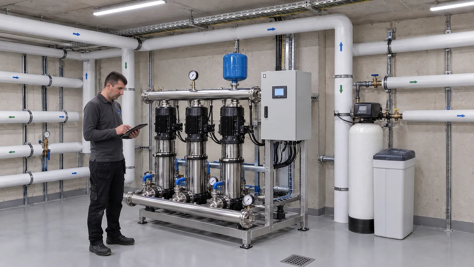 Technikraum mit Druckerhöhungsanlage und Enthärtung, daneben ein LEGER-Monteur mit Tablet