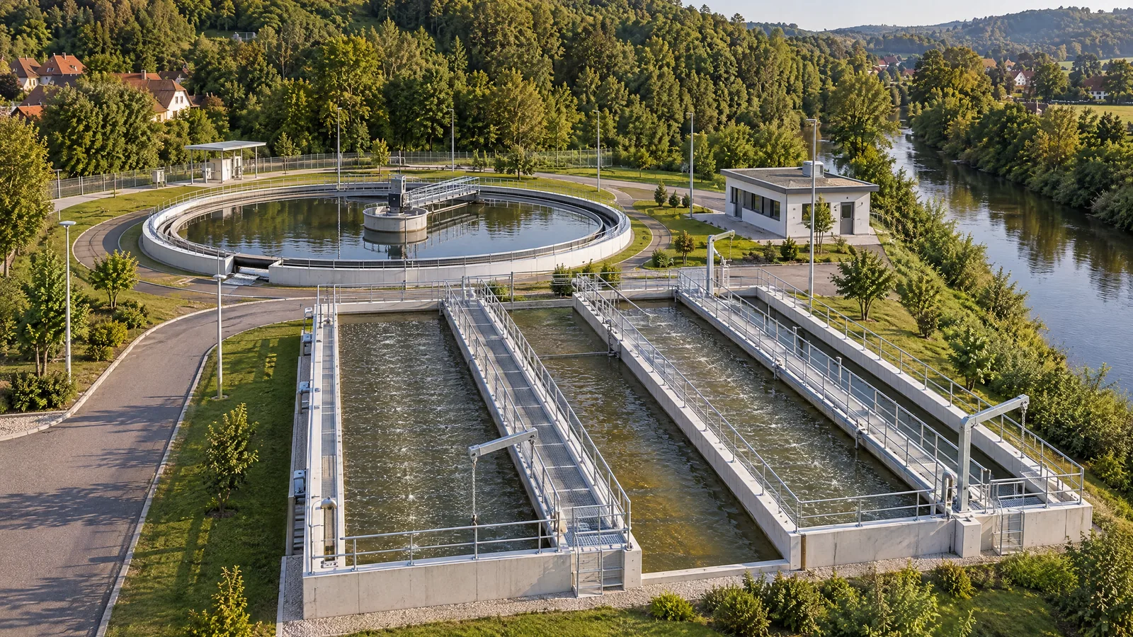 Belebungsbecken mit Laufstegen und Hebevorrichtungen für die Rührwerke, dahinter das Nachklärbecken