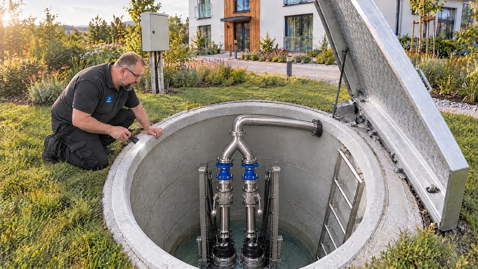 Geöffneter Pumpenschacht im Hof: zwei Tauchmotorpumpen, je Druckleitung Rückschlagklappe und Absperrschieber, Hosenrohr in eine gemeinsame Druckleitung; ein LEGER-Monteur leuchtet hinein