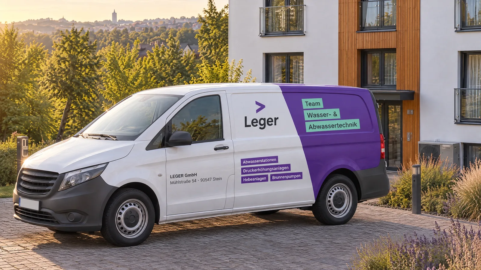 LEGER-Servicetechniker mit dem Servicewagen vor einem Mehrfamilienhaus