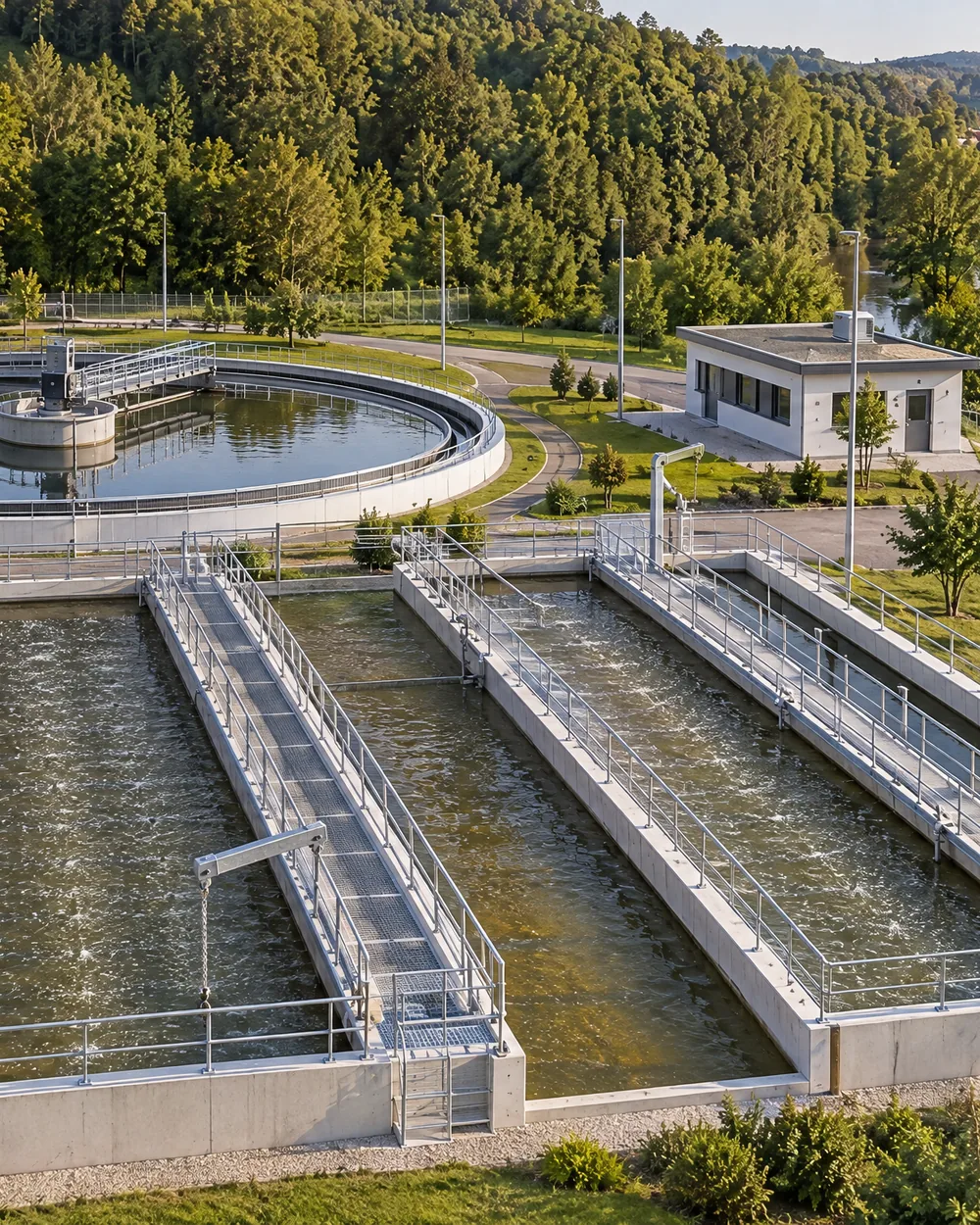 Belebungsbecken und Nachklärbecken einer Kläranlage am Fluss