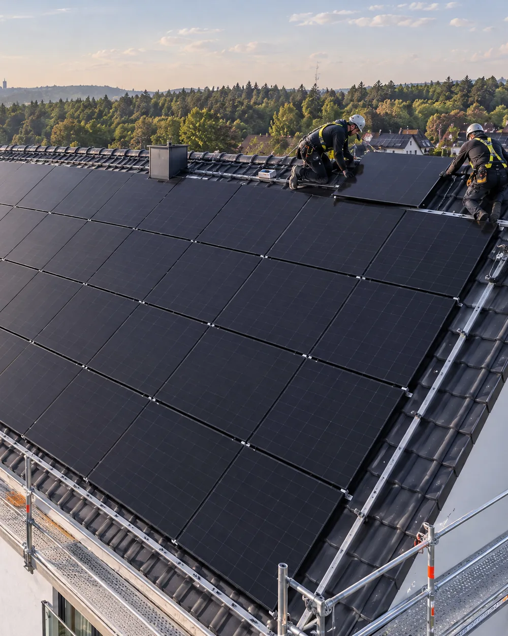 Photovoltaikanlage auf dem Satteldach eines Mehrfamilienhauses, zwei LEGER-Monteure setzen ein Modul