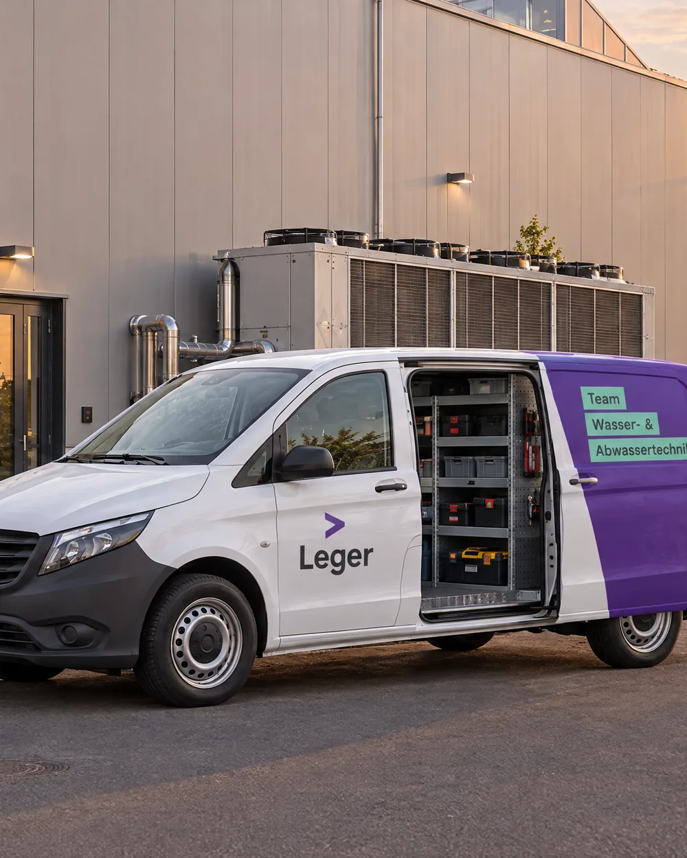 LEGER-Servicewagen mit offener Schiebetür vor einer Industriehalle