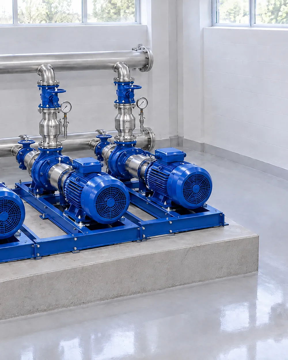 Pumpenhalle eines Wasserwerks mit drei Netzpumpen, ein LEGER-Techniker an der Steuerung