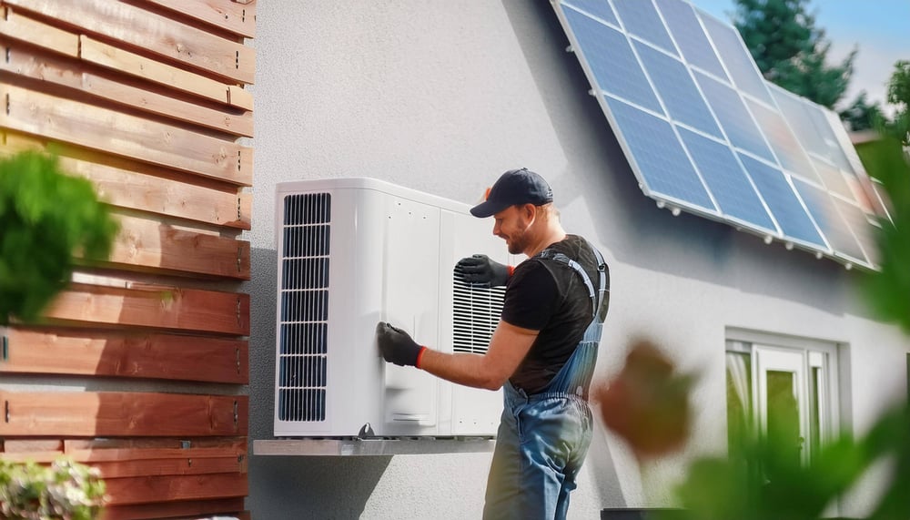 Firefly Professional technician carefully installs a modern heat pump outside a house with solar pan-2