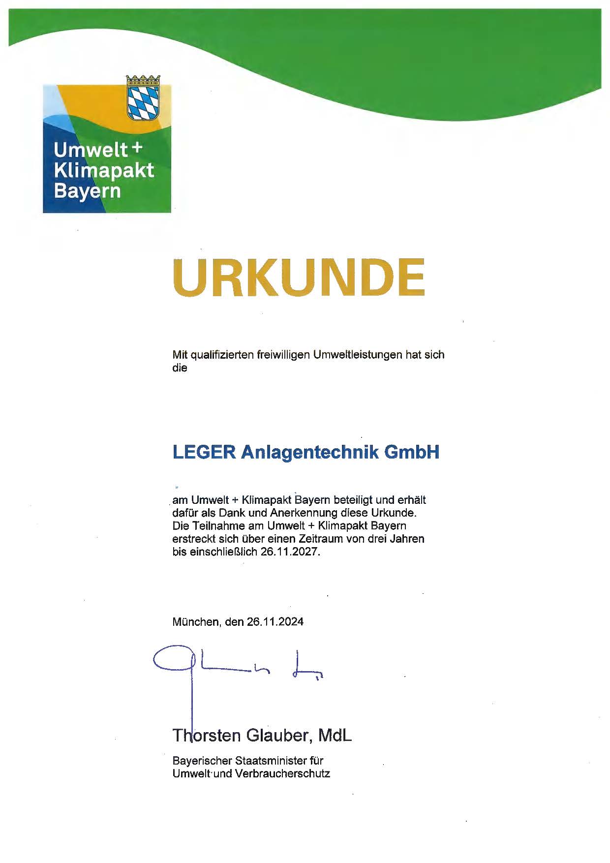 Urkunde LEGER GmbH Umwelt und Klimapakt Bayern